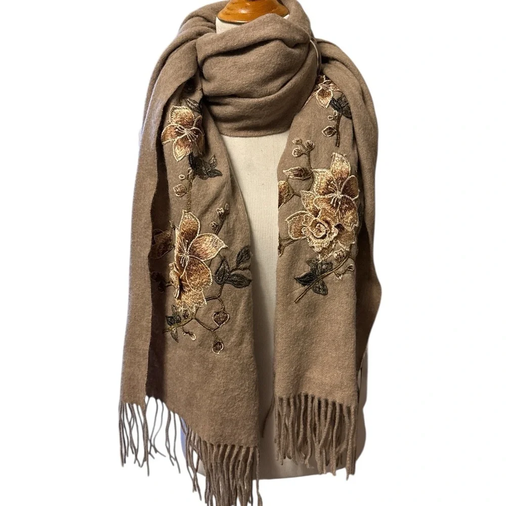 Embroidered 3D Floral Tan Wool Scarf, new